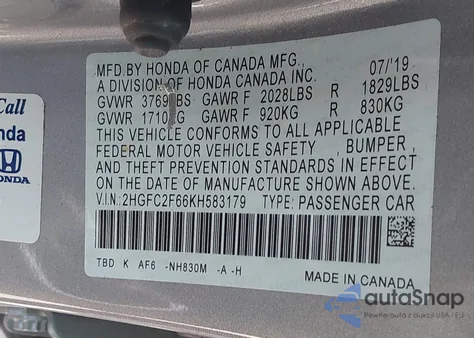 2019 Honda Civic Lx z USA, uszkodzony, nr VIN 2HGFC2F66KH583179